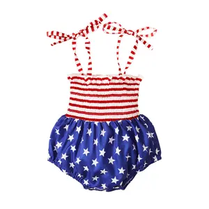 4th of July Newborn Baby Girl Outfit Amerian Flag Smocked Romper Onesie 3 6 12 18 Months Girl Summer Patriotic Clothes