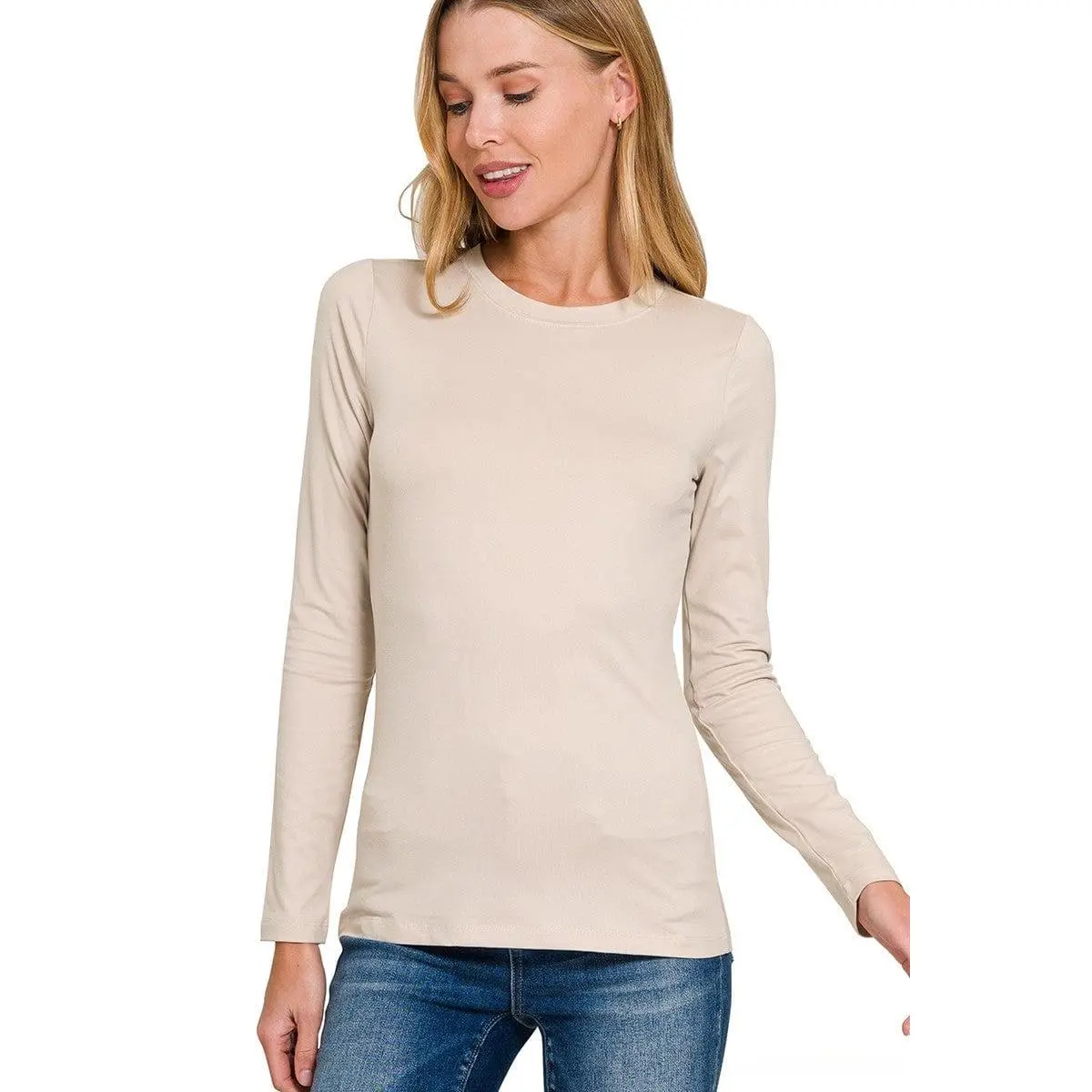 Zenana Women's Buttery Soft Brushed Microfiber Long Sleeve Tee, Round Neck Classic Fit Everyday Basic Top with Perfect Stretch, Tops, Wrap, Fabric
