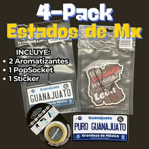 4 Pack GUANAJUATO Estados de Mexico | 2 Aromarizante, 1 Die Cut Sticker, 1 Sujetador tipo PopSocket | Mexican Products | Scented, Perfume
