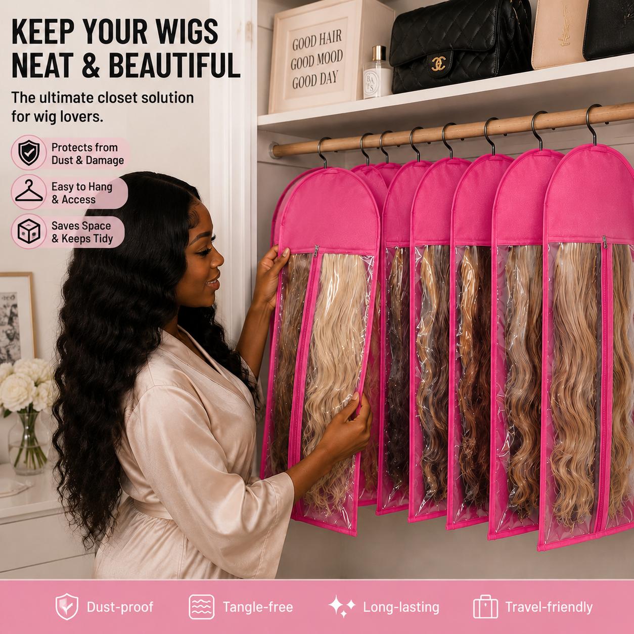 Unisex Hanging Wig Storage Bag - Dustproof Non-Woven Protector with Transparent Front, Hanger, Hanging Hooks, and Wig Tool Accessory, Dustproof Bags