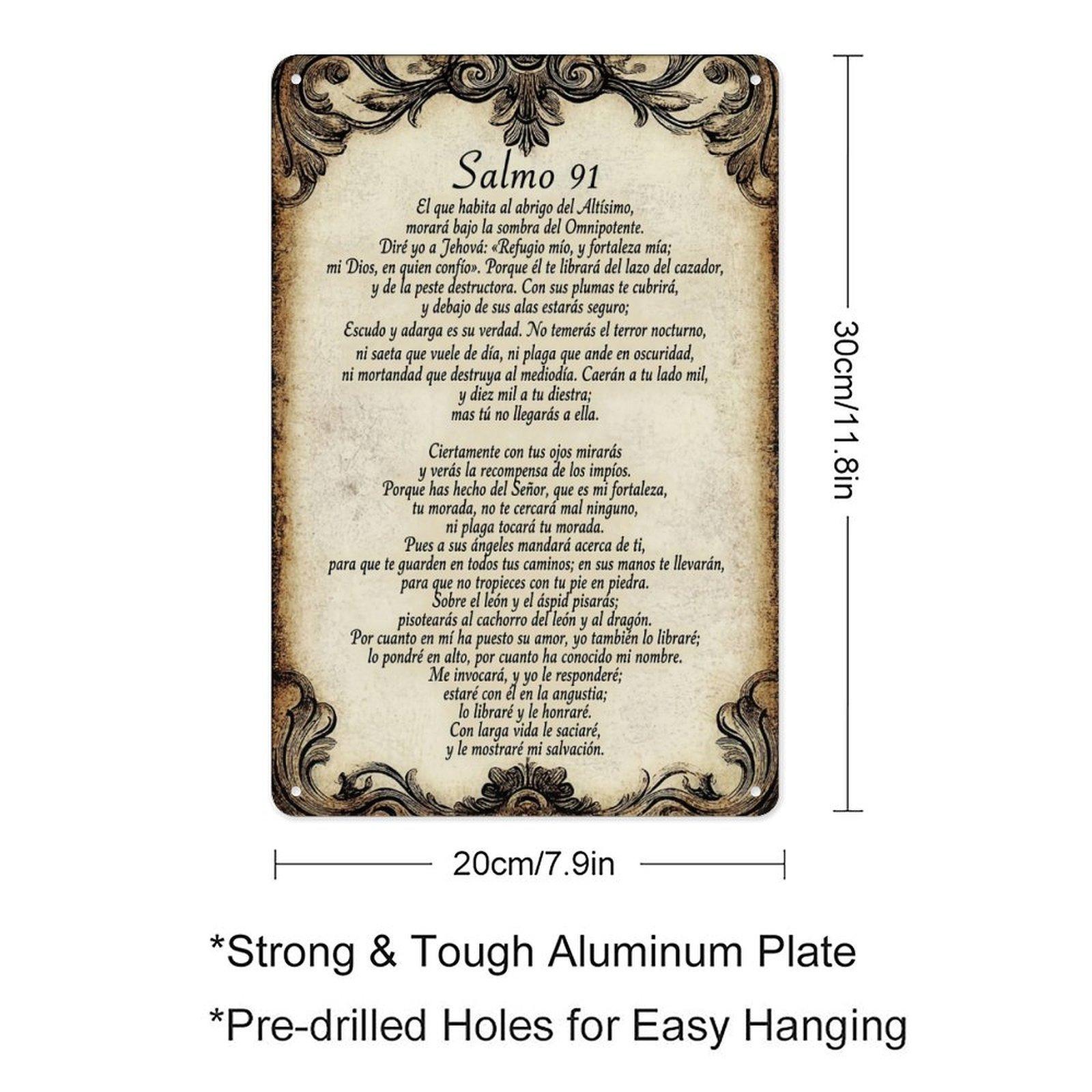 "Salmo 91" Psalm 91 Religious Metal Sign, Spanish Bible Verse Wall Art for Faithful Home Decor