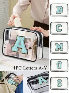 Transparent Pvc Portable Storage Bag With Blue Towel Embroidered With Initials A-Y, Name Logo,Large Capacity Makeup Organizer Makeup Case, Waterproof ,With Zippered ,Makeup Bag,Cosmetic Bag,Vacation Organizer,Beauty Bag,For Lipstick, Brush, Skincare