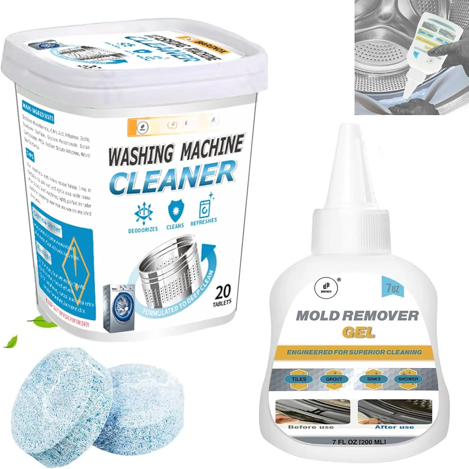 Bundle - Washing Machine Cleaner Tablets (20 Pack) & 7 oz Mold Remover Gel | Deep Cleaning, Odor & Mold Removal | Multi-Purpose Cleaner for Washing Machines, Household Surfaces & Bathrooms