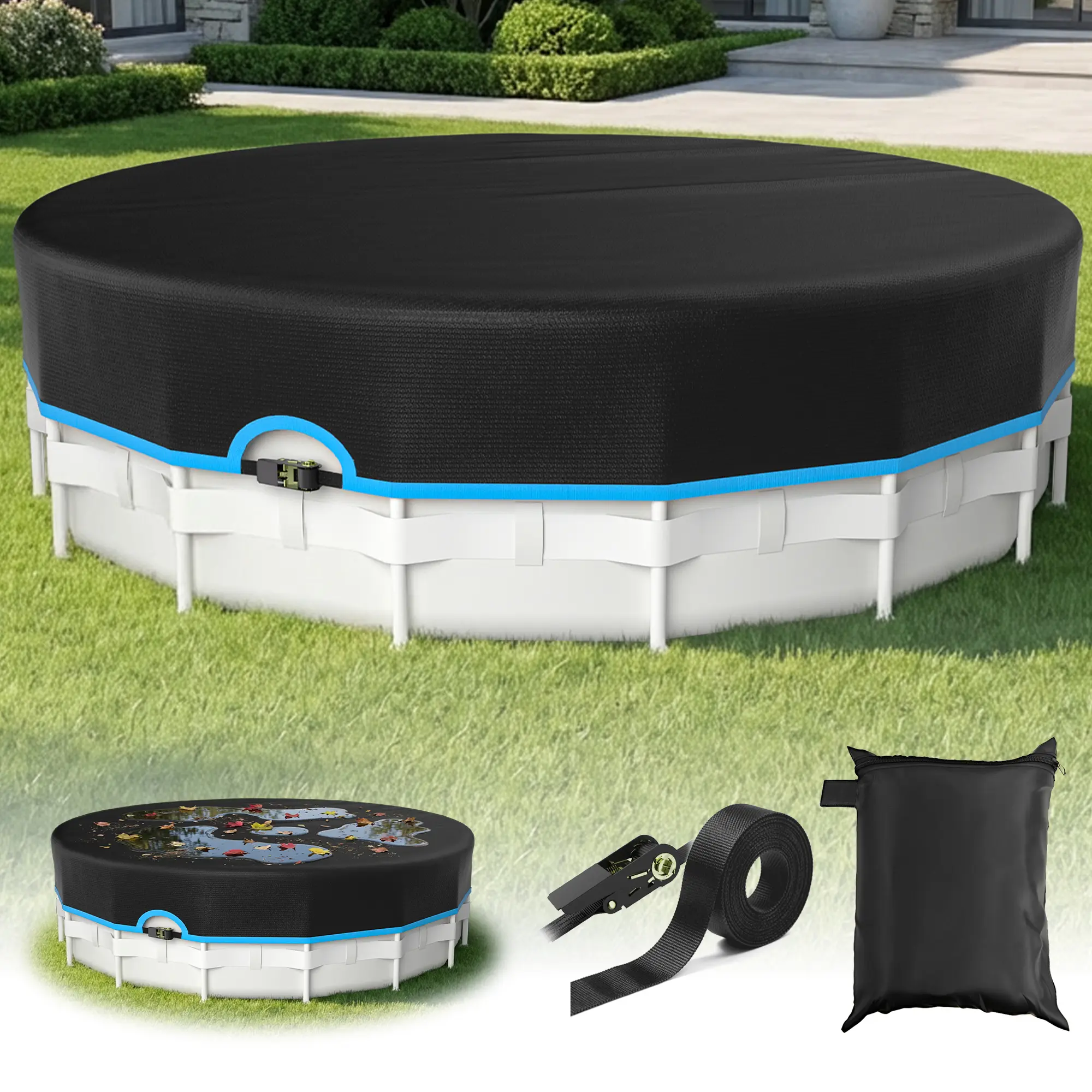 New upgraded 15FT round pool cover for above-ground round pools, equipped with heavy-duty mechanical buckles, made of tear-resistant Oxford fabric, UV-resistant, and designed as a highly waterproof and sun-protective outdoor cover.