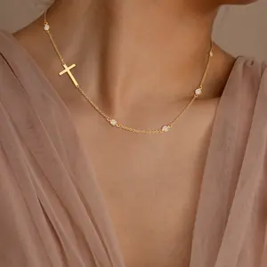 Tewiky Gold Women's Everyday Versatile Layered Necklace with 4mm Zirconia Side-Set Cross and Polished Finish - Fashionable Gift for Women