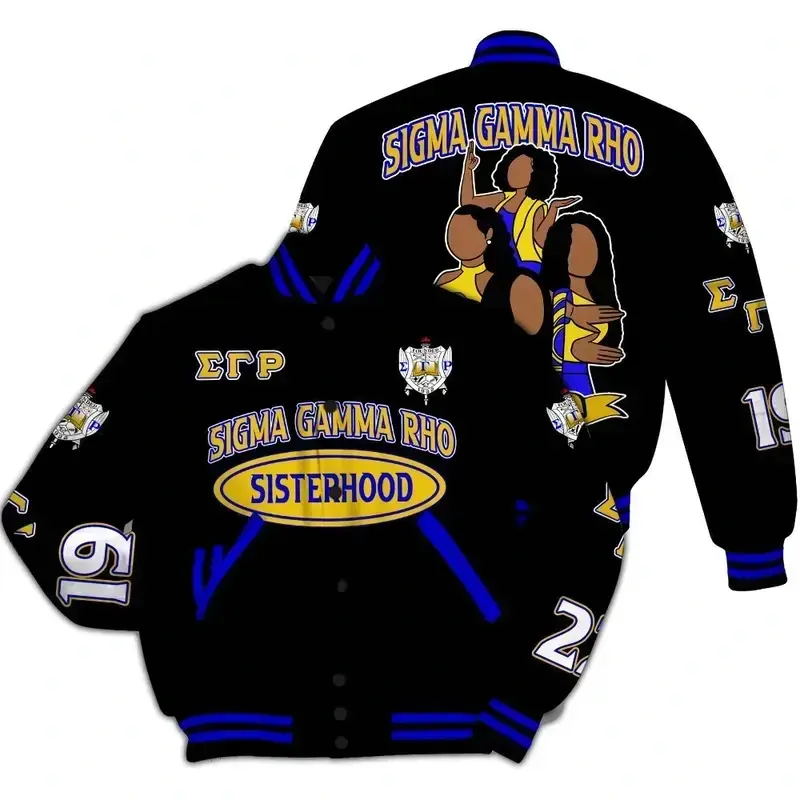 Sigma Gamma Rho Varsity Jacket, Sisterhood Graphic Baseball Coat, Classic Black Varsity Outerwear, Retro Greek Life Inspired Sport Jacket, Unisex Casual Streetwear