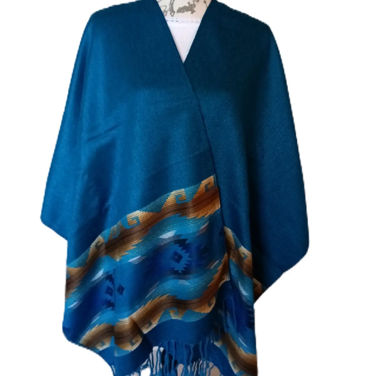 Artisanal Womens Poncho, Andean Pattern, REVERSIBLE, Blue black sides, Fringe, handmade in Ecuador