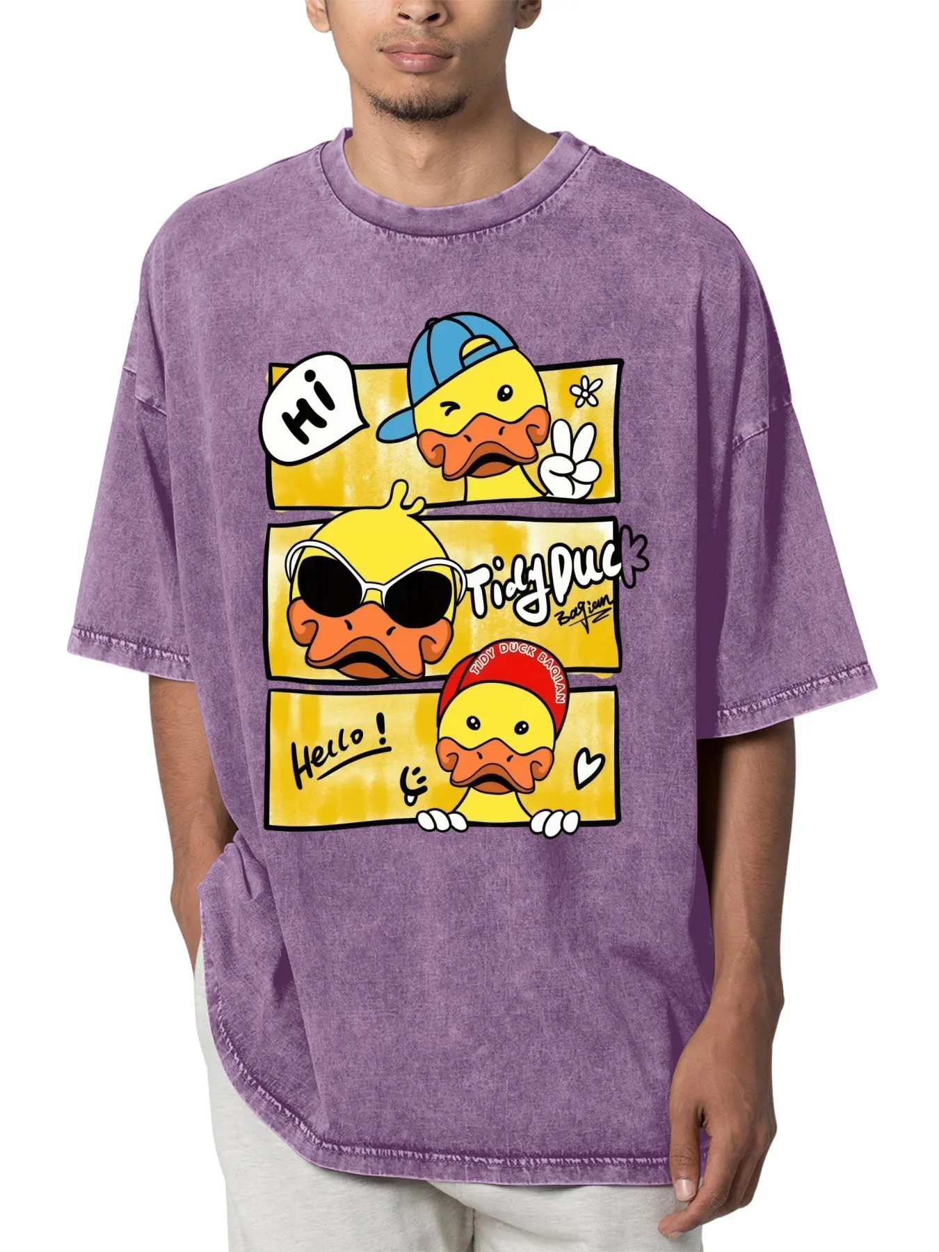 Streetwear staple alert! Cute Tidy Duck printed vintage purple washed t-shirt comfy breathable daily wear top