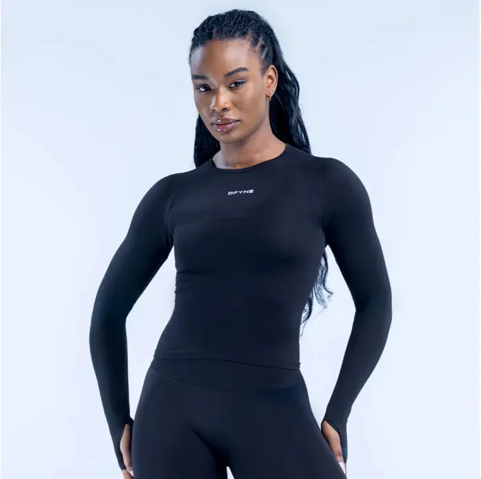 (Logo Print) DFYNE Females' Roll-Free Toned Long Sleeve Sporty Chic Nylon Blend Sports Top, Ideal for Gym Workouts Without Awkward Fabric Rolling, Round Neck, Standard Sizes