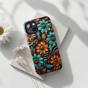 Tooled Leather Floral Phone Case  Western Cowgirl Turquoise 3D Effect Cover for IP Phone 17 16 15 14 13 12 11 Pro Max Plus Mini X XR XS