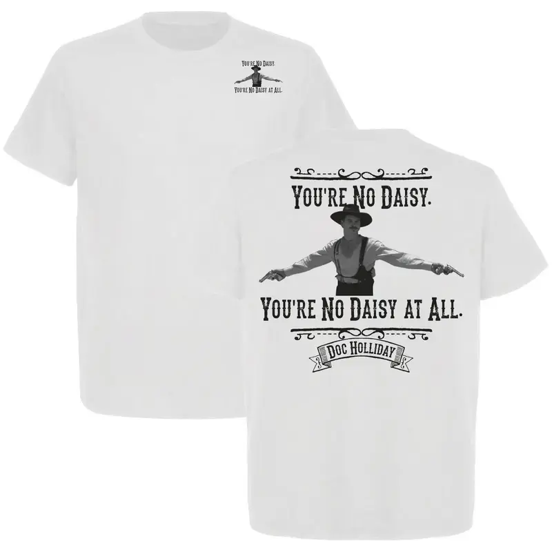 Men's Pre-Shrunk Short-Sleeve Crew Neck T-Shirt, Daisy Doc Holliday Tombstone Digital Print, Cotton, Double-Needle Sleeves, Hem, Full Color, Full Sizes (3XL,4XL), for Old West Culture Enthusiasts, Do Not Dry Clean, Unisex Menswear Top