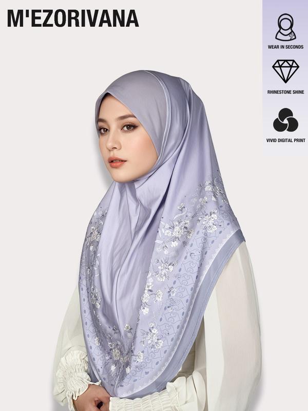 Muslim Headscarf Hijab with Bouquet Print and Gem Embellishments, Multiple Colors Available, Chiffon Fabric, Comfortable Hat Brim, Ideal for Ramadan, Modest Hijab