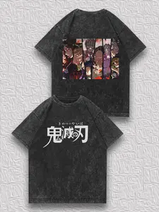 valentine shirts Men's Vintage Distressed Double-Sided T-Shirt - Demon Slayer Upper Moon Demon Print, Anime Street Style Casual Short-Sleeve