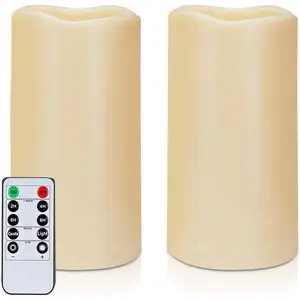 Waterproof Outdoor LED Pillar Candles 3"x6", Set of 2 Flameless Flickering Candles with Remote Timer for Garden & Home