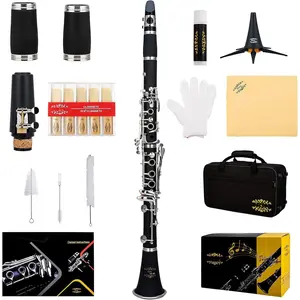 GLY-PBK Professional Ebonite  Clarinet with 10 Reeds, Stand, Hard Case, Cleaning Cloth, Cork , Mouthpiece Brush and Pad Brush, Black