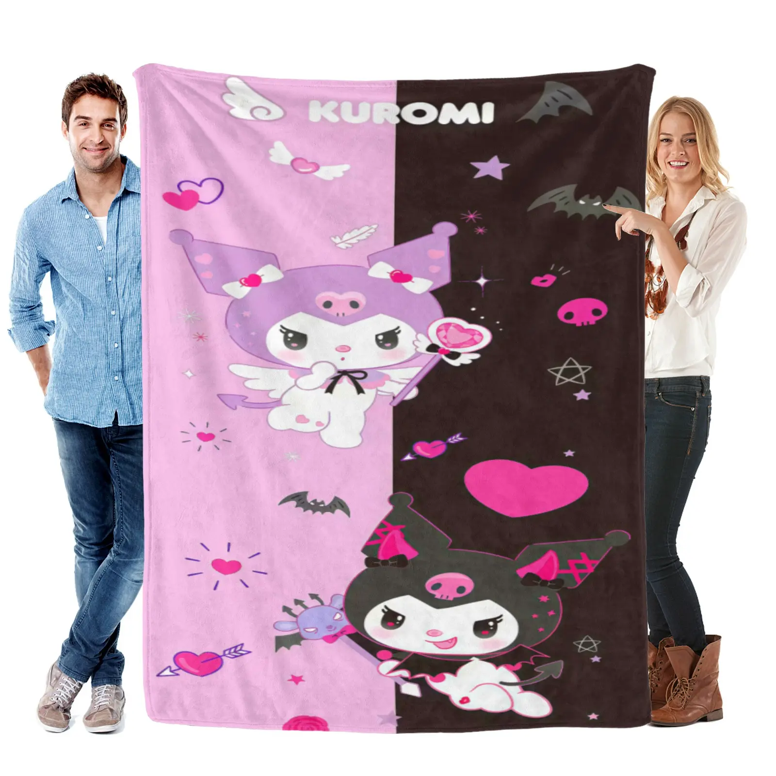 Sanrio Pink Black Split Dual Kuromi Blanket, Soft Flannel Kuromi Throw Blanket,Kuromi Aesthetic Blanket | Gift For Teen Girls Bedroom Decor