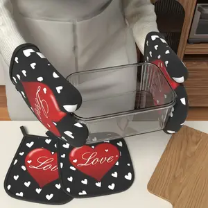 4pcs Oven Mitts And Pot Holders  red love heart  Heat Resistant Oven Mitts And Pot Holders Sets Suitable For Cooking, Home Oven, Baking, Kitchen Decoration, Housewarming Gifts