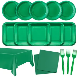 YY Serve 50 Party Paper Plates Set Green Disposable Dinnerware Solid Color Dinner Plates Napkins with Forks, Table Covers