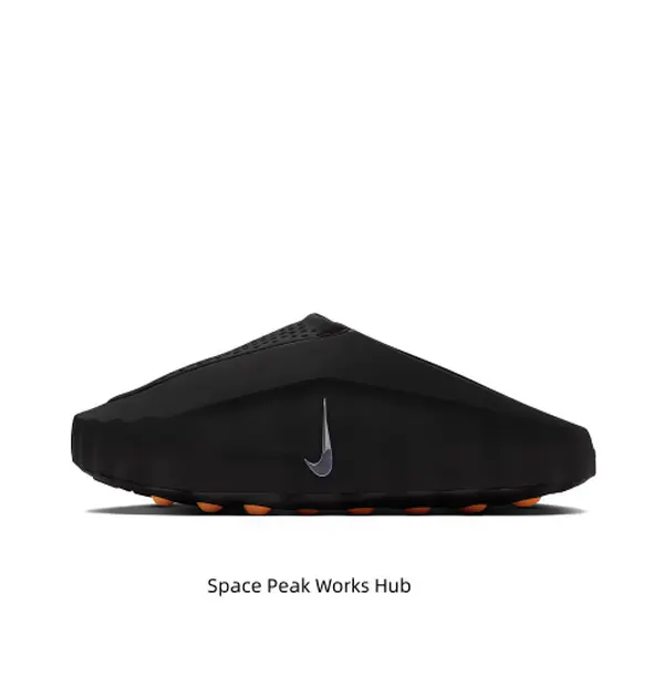 Black Thick-Soled Mule Slides, Orange Spherical Massage Outsole, Breathable Fabric Upper, Pre-Game Recovery Tech Slides