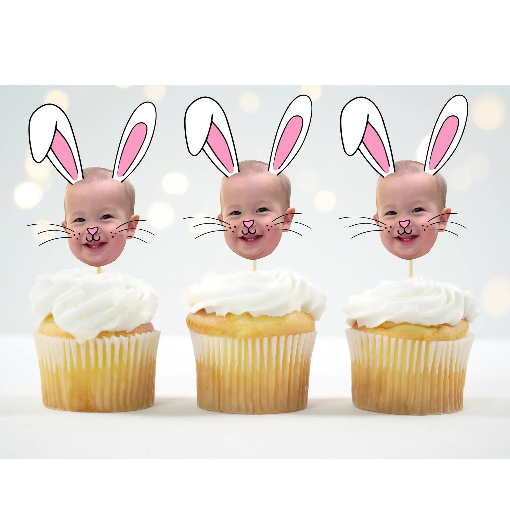 Personalized Bunny Face Cupcake Toppers – Easter & Birthday Decor