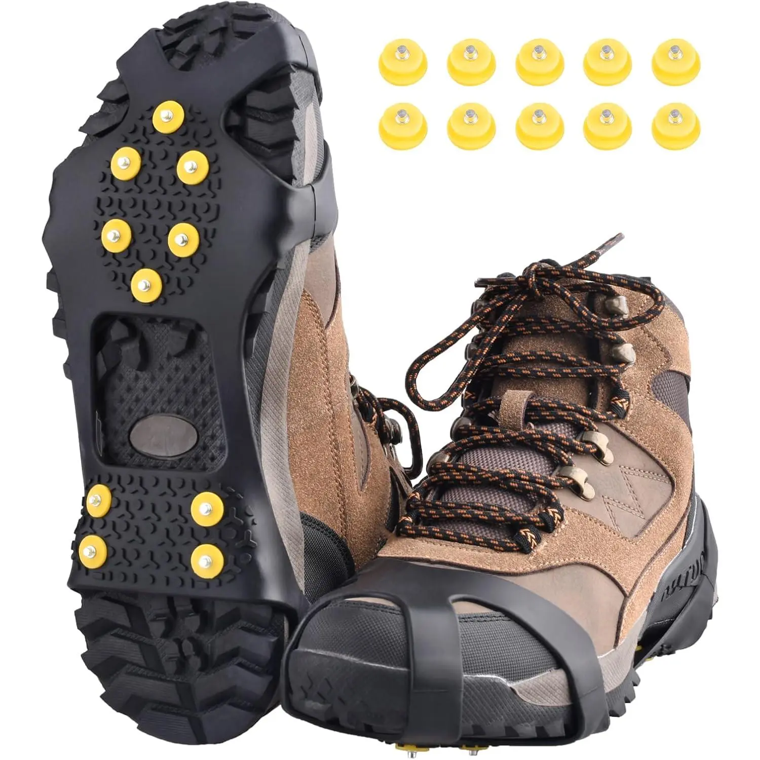 Adults' Compact TPE Steel 10-Stud Anti-Slip Ice Cleats for Shoes & Boots, Snow Crampons Traction Gear for Hiking, Ice Fishing, Hunting
