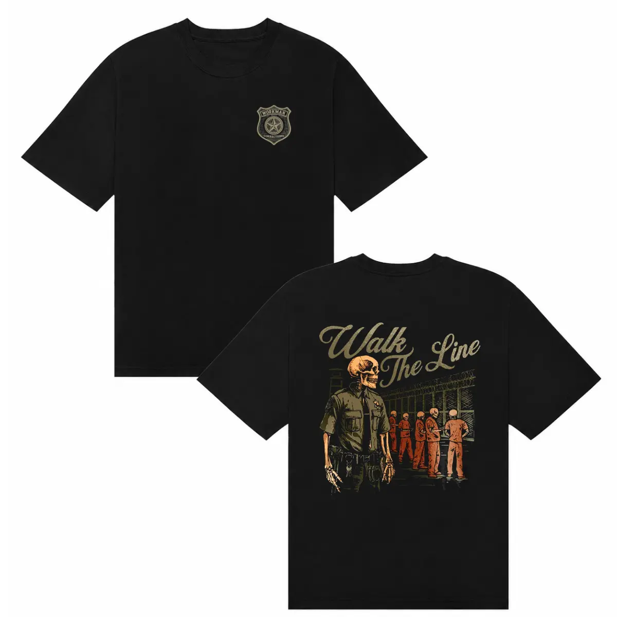 WORKMAN Walk The Line Corrections Officer Skeleton Guard T-Shirt Funny Prison Guard Law Enforcement Humor Graphic Tee Black