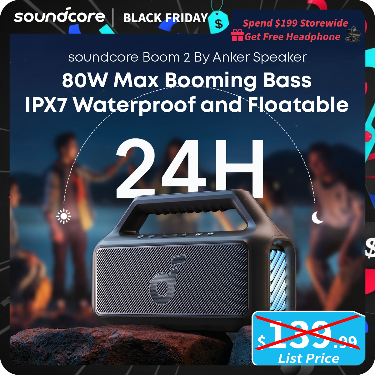 [TikTokShopBlackFriday] soundcore Boom 2 By Anker, Outdoor Speaker, 80W, Subwoofer, BassUp 2.0, 24H Playtime, IPX7 Waterproof, Floatable, RGB Lights,