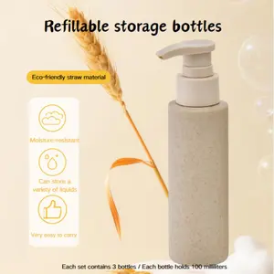 100ML Multi-Purpose Press Bottle Set (3 Pieces), Bathroom Lotion Storage Bottle, Soap Container, Biodegradable Wheat Straw Material, Flat Shoulder Design, Leak-Proof, Portable Dispenser, Home Supplies, Bathroom Accessory