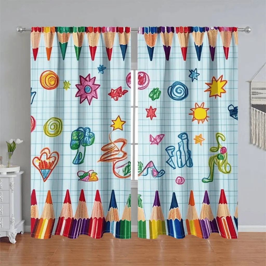 2Pcs Colorful Pencil & Doodle Print, Pattern Curtains, Art Style Curtain Drapes, School Themed Pole Pocket Style, Semi Sunshade Polyester Fiber, Suitable for Home Living Room, Bedroom, Balcony, Kitchen, Study, Anti Privacy, Semi Shading Curtain