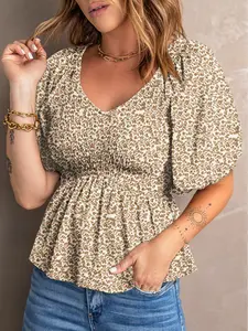 Floral Print Puff Sleeve Smocked Top, V Neck Top Has Puff Sleeve, Smocked Design With A Peplum Waist.
