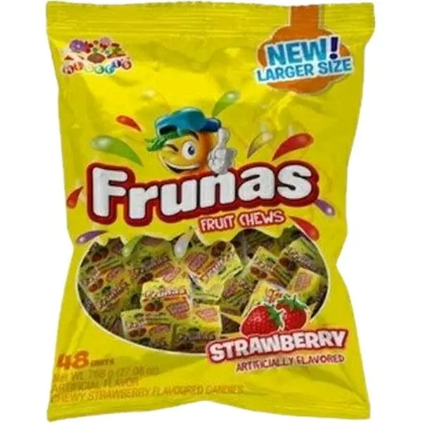 Frunas Chewy Tangy Sweet Strawberry Flavor Gummy Sweets - 48-Count Low Fat Individually Wrapped Chewy Candy Treat, Soft Fruity Candy, Room Temperature Storage-Friendly Snacks