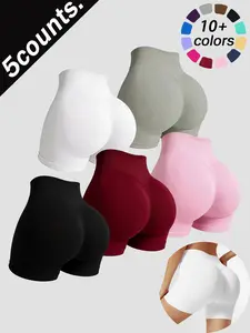 Women's High-Waisted Seamless Yoga Shorts, Elastic Breathable Sportswear, All-Season Plain Design, Ideal for Fitness & Cycling, Solid Seamless Shorts