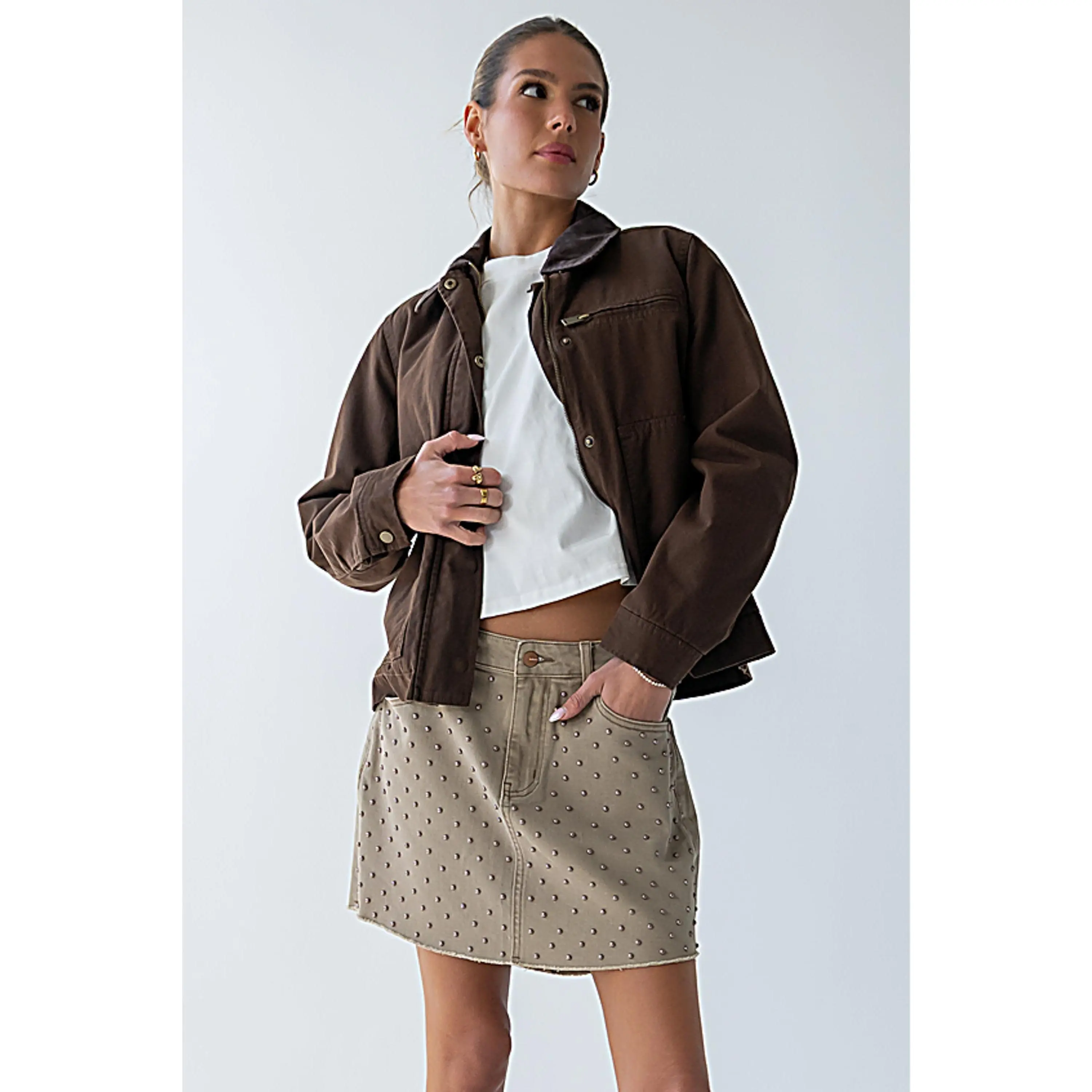 Kiara Women's Studded Mini Skirt in Stretch Cotton, 5-Pocket Design with Button and Zipper Closure, Spandex, Stretch-Material, Bottom
