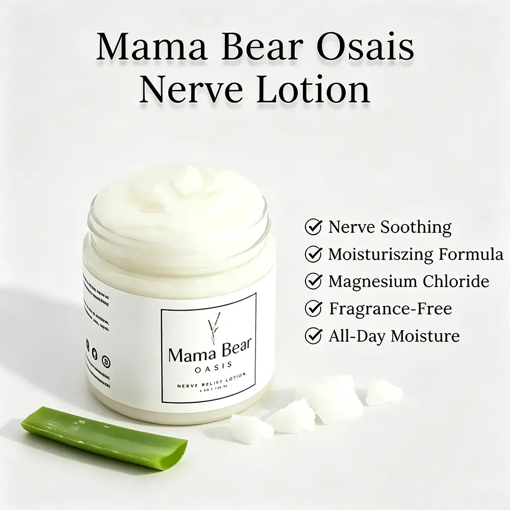 Mama Bear Oasis Nerve Relief Lotion, Magnesium Chloride Soothing Body Cream, Fragrance Free All Day Moisturizer for Tingly Discomfort, Infused Aloe Vera Lavender Chamomile Vitamin B6 Relaxing Topical Lotion