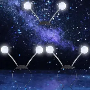 3 Pack LED Silver Martian Antenna Headband, Light UP Alien Headbands Head Bopper Balls, Glowing Martian Headpiece Set, Alien Headwear, Halloween Costume Accessories Party Favor
