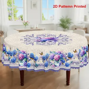 1pc, Spring Summer Themed Party Tablecloth, Butterfly Hydrangea Lavender Floral Printed Design, Rectangular/Round/Oval Table Cloth, Embossed Edge, Kitchen Dining Outdoor Picnics Dinner Decor Ideal