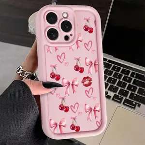 Cherry Bow Lip Print IPhone cases Case Compatible with iPhone 17 Pro Max 16 16e 15 14 Plus 13 12 Mini 11 Air X XS Pattern TPU Lens Protection Durable Soft Cover Valentine's Day Gift iPhone  case