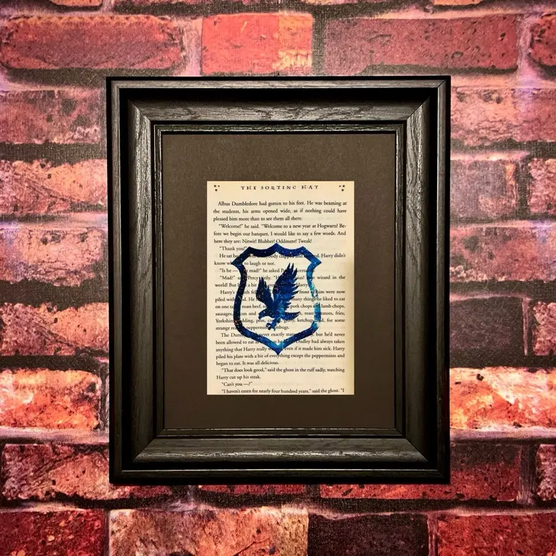 Wizarding Houses Book Page Art Print - Unframed Wall Art with Black Beveled Mat Board - Fits 8x10 Frame - Unique Frameable Wall Decor Artistic Room
