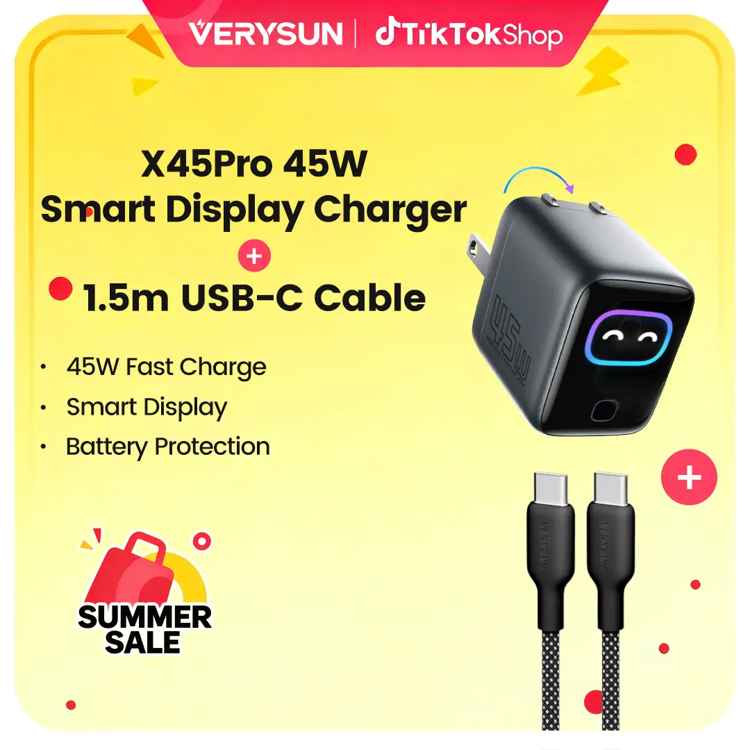 Verysun Smart Display Charger 45W Fast Charging with LED Display, 1.5 m USB-C to USB-C Cable Included, Switchable Charging Modes for Battery Health, Compact Foldable Plug, All-in-One for iPhone, Samsung, iPad, MacBook, Summerwins, FathersDayGift