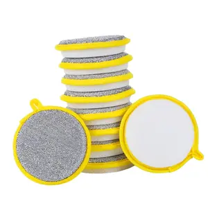 5PCS Double Sided Kitchen Sponges for Dishes, Round Scrubbing Pads with Steel Wire Nylon and High Elasticity Sponge, Non Scratch Cleaning Pads with Hanging Loop for Dishes, Pots, Sinks & Bathroom