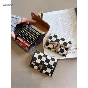Women's Checkerboard Pattern Card Holder with D-buckle, Casual Versatile Short Wallet, Trendy All-match Card Organizer for Daily Use