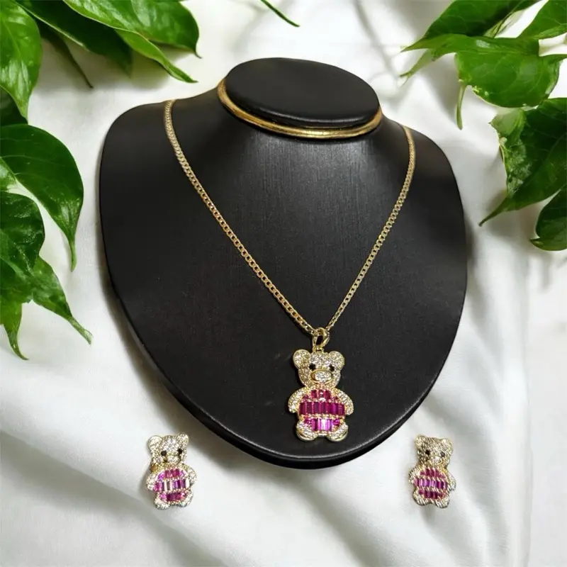 Cute Teddy Bear Necklace & Earrings Set – Gold Plated