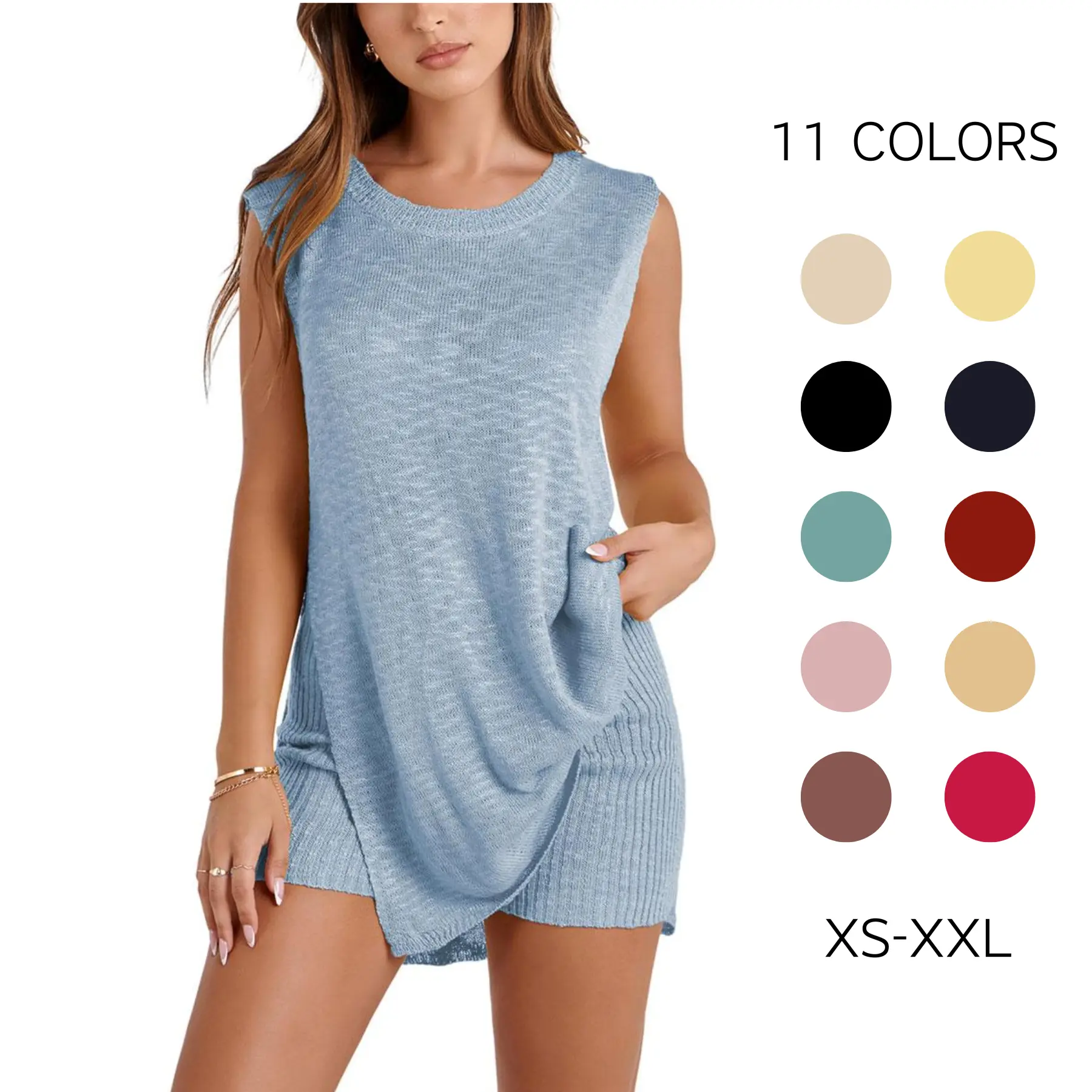 Women Sleeveless Ribbed Knit 2 Piece Outfit Crew Neck Side Slit Long Tank Top Matching Shorts Set Casual Summer Loungewear Sweater Sets