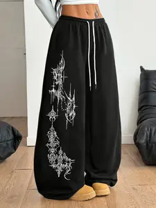 Summer Women's Fashion Trend Street Style Casual Retro Y2K Punk Religious Print Women's Casual Black Straight Leg Pants Front Drawstring Loose Sweatpants