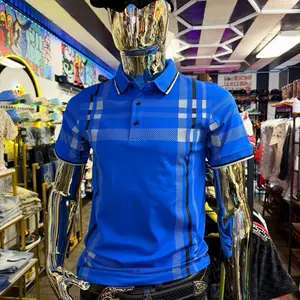 Rivelli Blue Plaid Polo Shirt with Striped Sleeves and Collar for Men