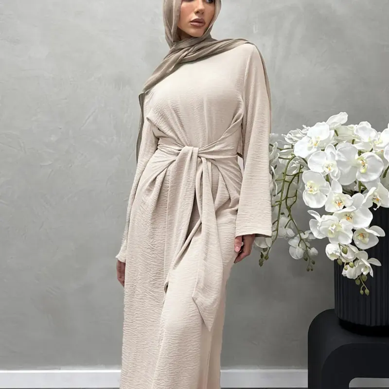Women's Solid Color Knot Front Long Sleeve Dress, Modest Round Neck Long Dress for Daily Wear, Classy Modest Dresses, Modest Dresses, Ladies Islamic Clothing for All Seasons, Muslim Women Gowns, Modest Muslim Outfits, Modest Style Dress, Modest Clothes
