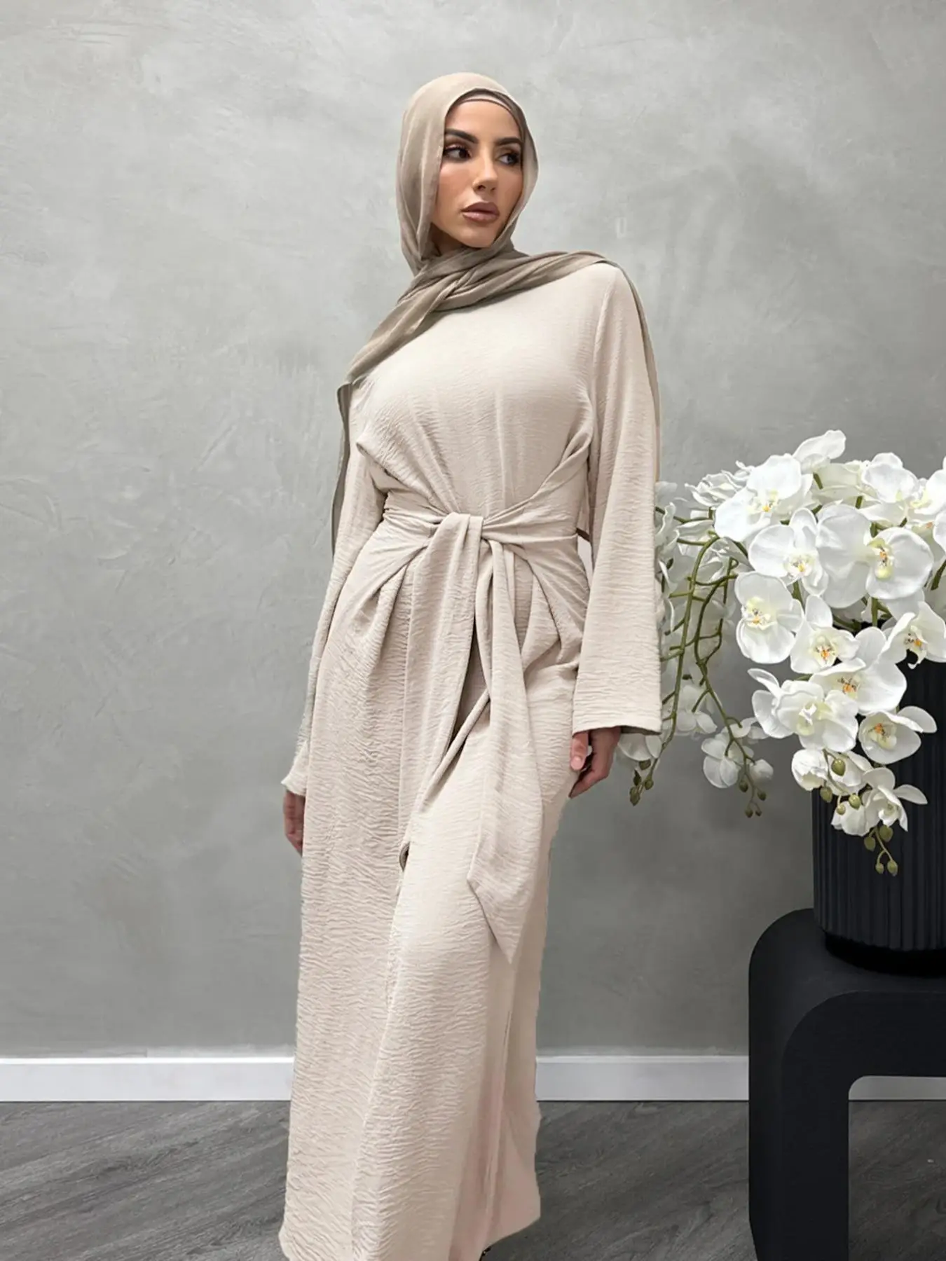 Women's Solid Color Knot Front Long Sleeve Dress, Modest Round Neck Long Dress for Daily Wear, Ladies Islamic Clothing for All Seasons