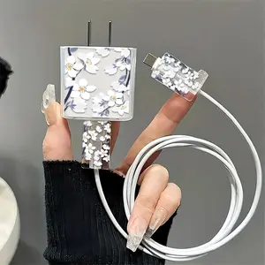 Flower Pattern Charger & Data Cable Protective Case, Transparent Charger & Data Cable Protector, Phone Accessories for iPhone 18W/20W Charger