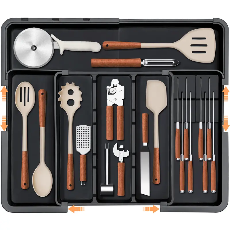 【SUHOPE】Summer Super Deal Utensil Organizer for Kitchen Drawer, Expandable Silverware Organizer with Removable Knife Block, Large Cooking Utensils Tray 22"x 19" Cutlery Flatware Holder, Kitchen Gadgets Storage, Black