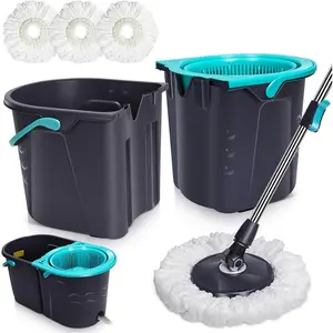 Mop and Bucket with Wringer Set for Home, 360°Spin Mop with Adjustable Stainless Steel Handle,Spinning Mop for Home,Double Bucket System for Floor Cleaning - 3 Microfiber Heads